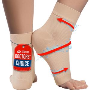 KEMFORD Ankle Compression Sleeve with Cooling Effect - Plantar Fasciitis Braces - Open Toe Compression Socks for Swelling, Sprain, Neuropathy, Arch Support for Men and Women - M, Beige