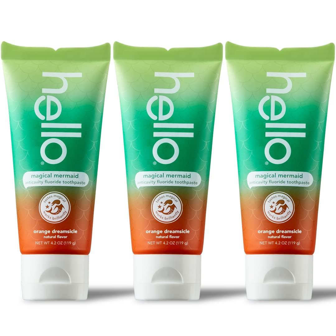 hello Magical Mermaid Kids Toothpaste with Fluoride, Orange Dreamsicle Flavor Toothpaste for Kids, Safe for Ages 2 and Up, Helps Prevent Cavities, Strengthen Enamel, Polish Teeth, 3 Pack, 4.2 Oz Each