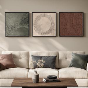 Large Framed Neutral Abstract Wall Art for Living Room, 3 Piece Modern Minimalist Canvas Prints Artwork for Walls, Contemporary Earth Tone Pictures for Bedroom Dining Room Wall Decor, 24x24 Inch