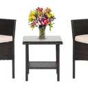 FDW Patio Bistro Conversation Set Wicker Furniture 2 Rattan Chairs Cushions and Glass Coffee Table for Porch Lawn Garden Balcony Backyard, 3 Pieces, Brown and Khaki