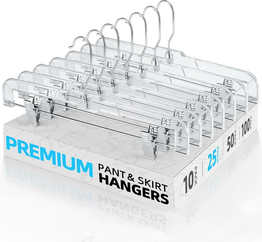HOUSE DAY Clear Pants Hangers with Clips 25 Pack, Non-Slip Skirt Hangers for Women, Upgraded Heavy Duty Plastic Clip Hanger for Pants, Trousers, Jeans, 14" Short Hanger, 360-Rotating Swivel Hook