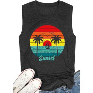 Beach Tank Tops for Women Summer Casual Short Sleeve Hawaiian Graphic Print Beach Vacation Tank Tee (M)
