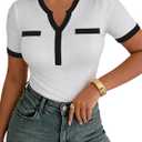 Remidoo Women's Color Block Ribbed Knit Top Notch V Neck Short Sleeve T Shirt (White, L)