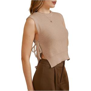 MakeMeChic Women's Tie Side Sweater Vest Tops Split Hem Knitted Sleeveless Crew Neck Tank Fall Top Khaki X-Small