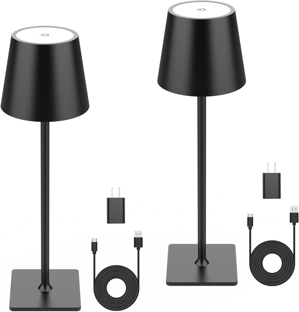 Table Lamp Set of 2, Mojimdo Cordless Desk Lamp 64 LEDs Dimmable [1700K/4500K/6000K with Stepless] Rechargeable Portable Table Light for Living Room Kids Bedroom Camping Outdoor Party Cafe Bar - Black