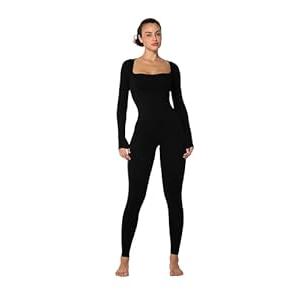 Sunzel Long Sleeve Bodysuits One Piece Jumpsuit for Women with Square Neck and Butt Scrunch Leggings Seamless Ribbed Rompers (25" Inseam, Large, Black)