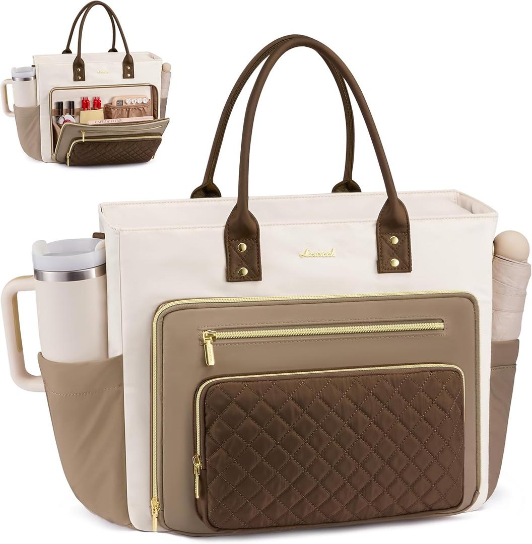 LOVEVOOK Teacher Tote Bag for Women Work, Laptop Bag With Large Cup Holder, Nurse Bags Professional Briefcase Business Computer Purses Handbag,Khaki-Beige-Coffee,15.6 Inch