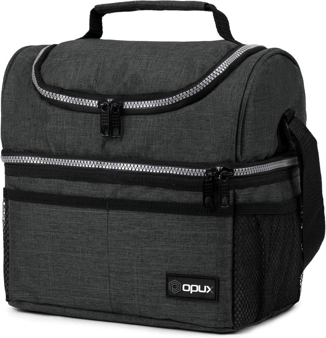 OPUX Lunch Box For Men Women, Insulated Large Double Decker Lunch Bag, Charcoal Gray, 10x7.5x10 Inches (Heather Charcoal)