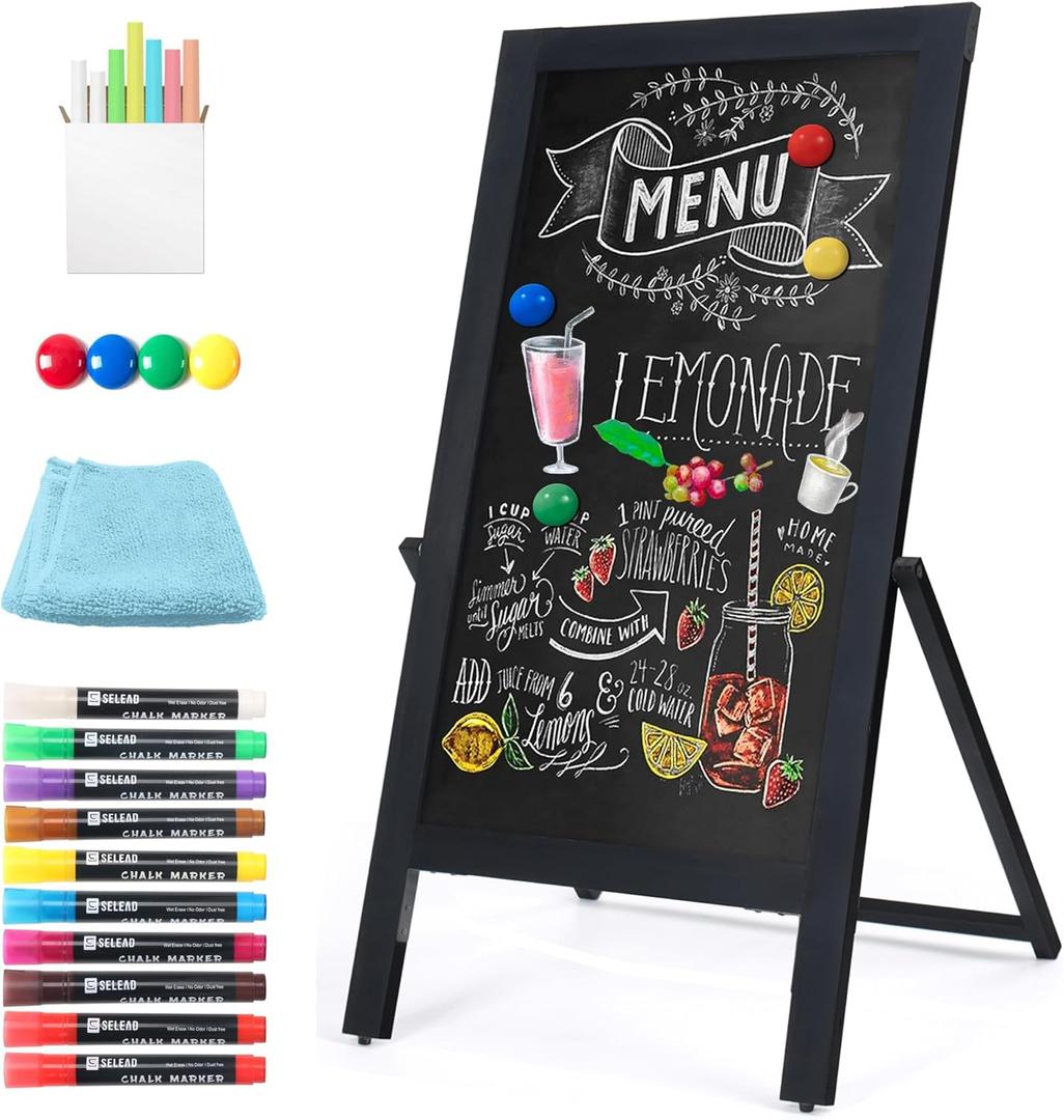 SELEAD Solid Wood Frame Chalkboard with Stand - 40" x 20" Magnetic Double Sided Sandwich Board Signs Outdoor Chalk Board Easel Pizarra for Menu, Business, Cafe, Event - Black