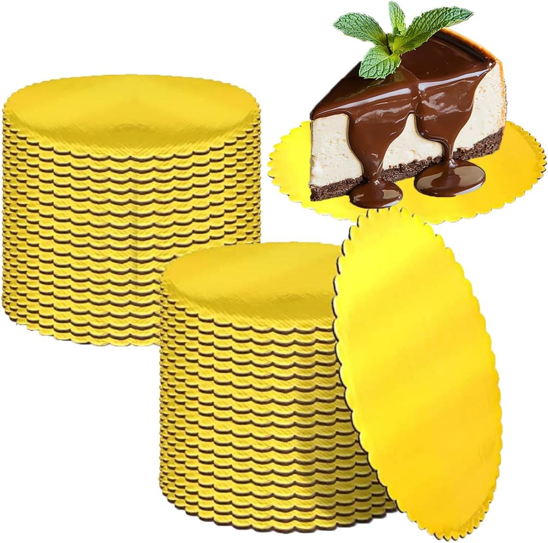 100 Pcs 5 Inch Gold Mini Cake Boards Plate Scallop Edge Round Mini Cardboard Cake Base Circle Cake Plates for Cupcake, Dessert Decorating, Mousse, Grease Proof Disposable Baking Pastry