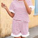Tankaneo Womens 2 Piece Striped Shorts Set Ruffle Short Sleeve Tops Hight Waist Shorts Matching Sets Summer Vacation Outfits (White)