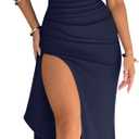YMDUCH Women's Elegant Strapless Bodycon Ruched Ruffle High Split Long Formal Evening Dress (S, Navy)