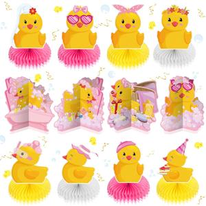 Teling 12 Pcs Duck Birthday Decorations Pink Rubber Duck Themed Honeycomb One Lucky Party Centerpieces Decorations for Table Girl Birthday Party Baby Shower Photo Booth Props Supplies