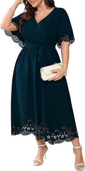 Womens Plus Size Wedding Guest Cocktail Dress Wrap V Neck A-Line Swing Maxi Dresses with Belt XXXL Lake Blue 