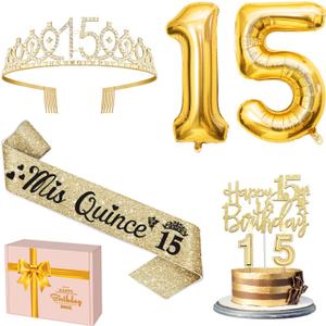 15th Birthday Decorations for Girls Gold with15th Birthday Crown and Sash, Candles and Cake Topper, Number Balloons, Sweet 15 Year Old Gifts for Girls
