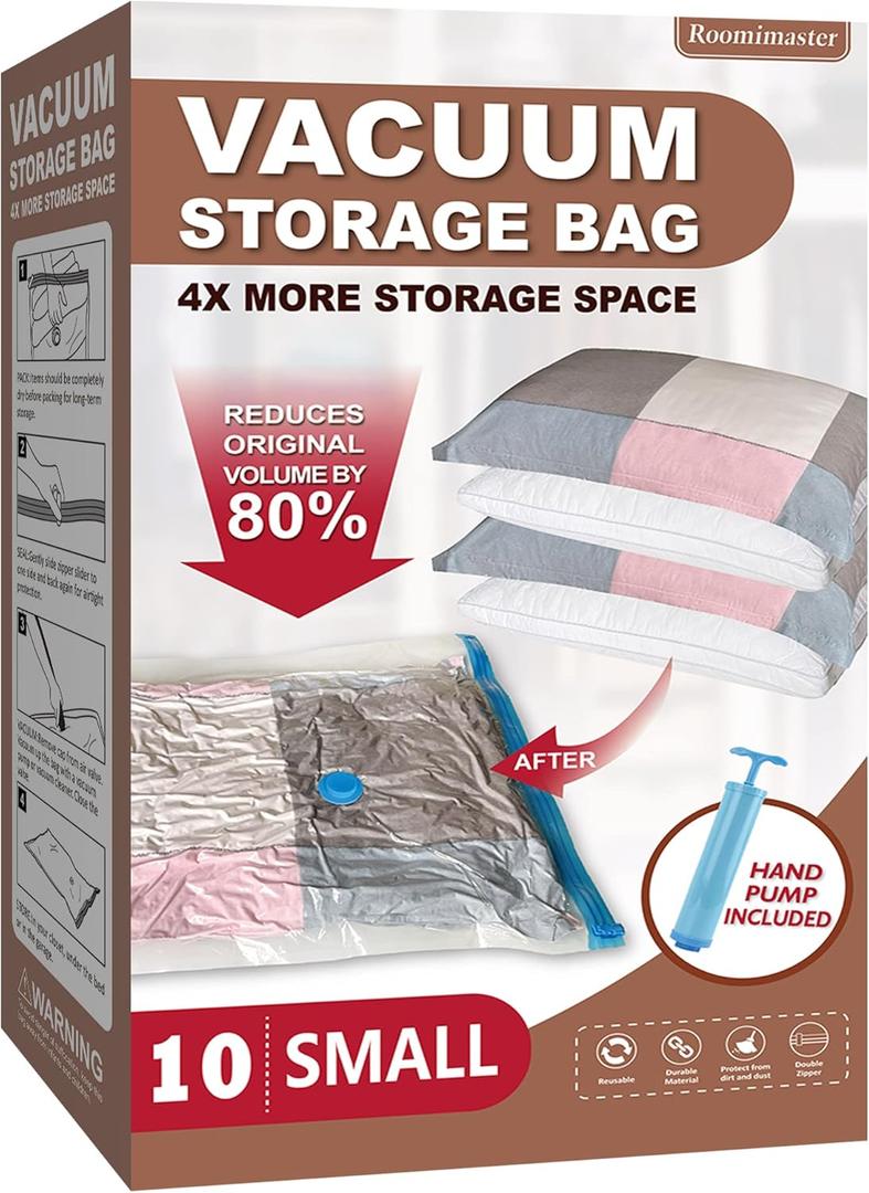 10 Small Vacuum Storage Bags with Travel Hand Pump, Small Vacuum Seal Bags for Clothing, Space Saver Bags for Clothes (10 Small)