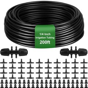 Tondiamo 200ft 1/4 Inch Irrigation Tubing Garden Drip Hose with 2 Pcs 6 Way Connectors 40 Pcs 3 Way Connectors and End Plugs Black Drip Irrigation System Kit for Lawn Watering Plant Vegetable