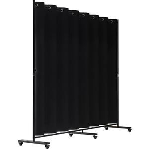 Madamera Adjustable Room Divider, 7 ft x 10 ft, 4 Rolling Wheels Curtain Divider Stand, Black Metal Frame, Blackout Curtain & Portable Tool, Expandable Screen for Office, Bedroom, Kitchen (Black)