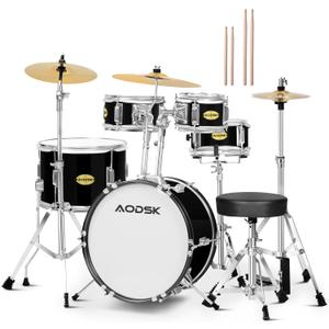 AODSK Drum Sets 5-Piece for Beginners, 14 inch Full Size Complete Drum Kit with Adjustable Throne, Cymbal, Hi-Hat, Pedal & Drumstick (Black)