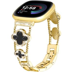 for Metal Bands, Compatible with Fitbit Versa 4/Versa 3/Fitbit Sense 2/Sense Band Smart Watch, Diamond Four Leaf Clover Stainless Watch Strap for Women (Gold/Black)