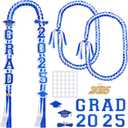 Yinkin Graduation Ribbon Leis Set Class of 2025 Handmade Double Braided Necklace Adjustable Includes Silk Leis Grad Cutouts 2025 Pendant for Graduation Party Accessories(Blue, White)