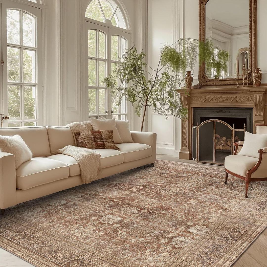 vivorug 6x9 Area Rugs, Ultra-Soft Washable Rug for Living Room Dinner Room Bedroom, Non-Slip Vintage Rug, Indoor Carpet Large Area Rug, Brown (Brick-red/Antique)