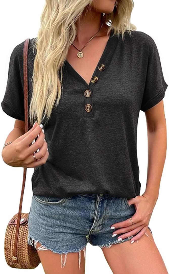 KevaMolly Womens Button V Neck T Shirts Short Sleeve Tshirt Shirts Casual Loose Fit Tops 2026 Summer Beach Outfits Clothes (M)
