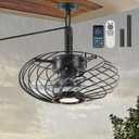 15" Outdoor Ceiling Fan with Light, Waterproof Gazebo Fan Remote Control, Dimmable LED Light, Hanging Black Caged Ceiling Fixtures with Plug in Cord for Patios Pergola
