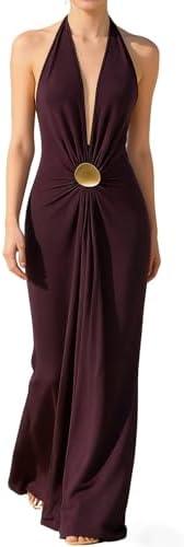 OYOANGLE Women's Deep V Neck Sleeveless Halter Maxi Dress Summer Backless Party Beach Vacation Wedding Guest Dress, XS