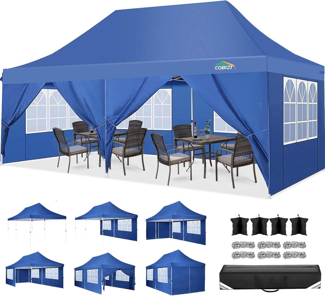 COBIZI 10x20 Pop Up Canopy Tent with 6 Sidewalls, Waterproof Commercial Canopy Ez Outdoor Instant Gazebo Easy to Set up Event Shelter, Garden Tents for Parties with Sandbags, Blue