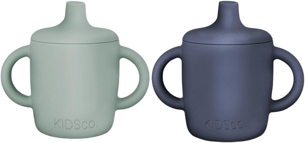 KIDSco. Silicone Sippy Cups (2 Pack)  Soft Spout & Easy Grip Handles for Babies 6+ months, Plastic Free, Toxic Free Silicone, Leak-Resistant, Dishwasher Safe (Green and Midnight Blue)