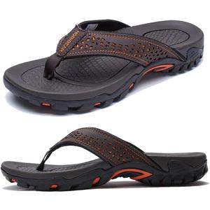 KIIU Men's Thong Sandals Indoor and Outdoor Beach Flip Flop (12, Brown/Orange)
