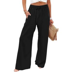 JZC Womens Summer Palazzo Pants Elastic Waist Casual Wide Leg Pants Beach Flowy Boho Trousers with Pockets (XX-Large)