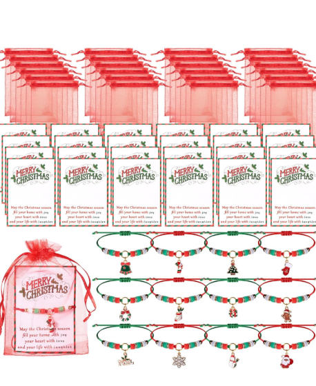 24 Set Christmas Bracelets with Wish Card Organza Bags Xmas Adjustable Multicolor Braided Bracelet Wax Rope Bracelets with Santa Snowflake Xmas Tree for Women Men