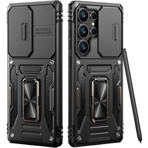 Armor Compatible for Samsung Galaxy S25 Ultra Case with Camera Cover & Stash Stand, 4X Military-Grade Drop Protection, Shock-Absorbing Rugged Defender (Black)
