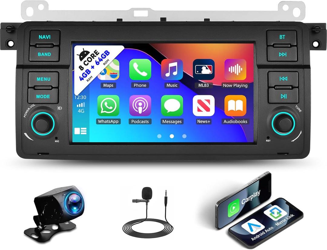 [8-Core 4+64G] Android 13 Car Stereo for BMW E46 1998-2006 3 Series with Carplay Android Auto 59 Theme 7 inch Touchscreen Bluetooth 5.0 FM/RDS Network Radio DSP 32EQ AI Voice GPS