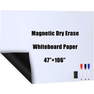Dry Erase Whiteboard Sticker Wall Decor Self-Adhesive Whiteboard Contact Paper Magnetic White Board Wall Paper Peel and Stick with 3 Markers and Eraser for Home, Office, Classroom(47 x 106 Inch)