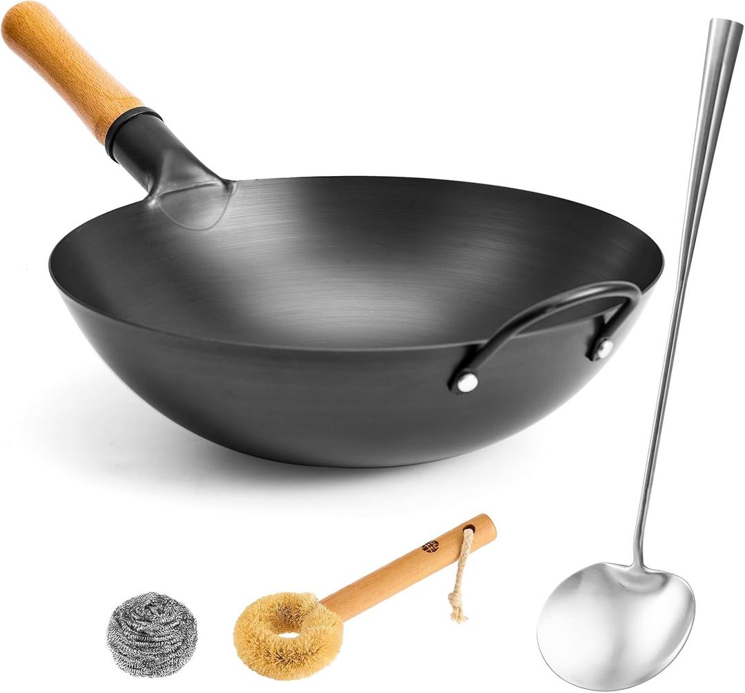 WANGYUANJI 13.4" Round-Bottom Iron Wok, Deep Chinese Stir-Fry Pan (Seasoning Required), Wok Ring Required, Not Flat-Top/Induction  No Lid, No Ring,Wooden Handle, Coating-Free