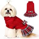 WOYYHO Small Dog Sweater Dress with Bowtie Dogs Clothes Sweater Pleated Skirt with Leash Hole Puppy Winter Outfit Dog Pullover Knitwear Puppy Sweaters for Chihuahua Yorkies Dachshund RED S