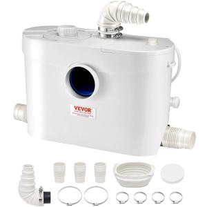 VEVOR 900W Macerator Pump, 48 GPM Flow, 40 ft/12 m Head, Macerator Sewerage Toilet Pump with 4 Water Inlets, Waste Water Disposal Upflush Machine for Toilet, Basement, Shower, Sink, Laundry, Bathtub