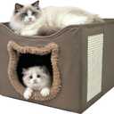 Cat Beds for Indoor Cats, Large Cat Houses with Cozy Condo,with Premium Tech Fabric& Scratch Pad, Round Window, Foldable Indoor Cat House Hold Up to 30LBS, with Reversible Cushion for Multi Small Pet (M(16.1"D x 16.1"W x 13"H, Brown))