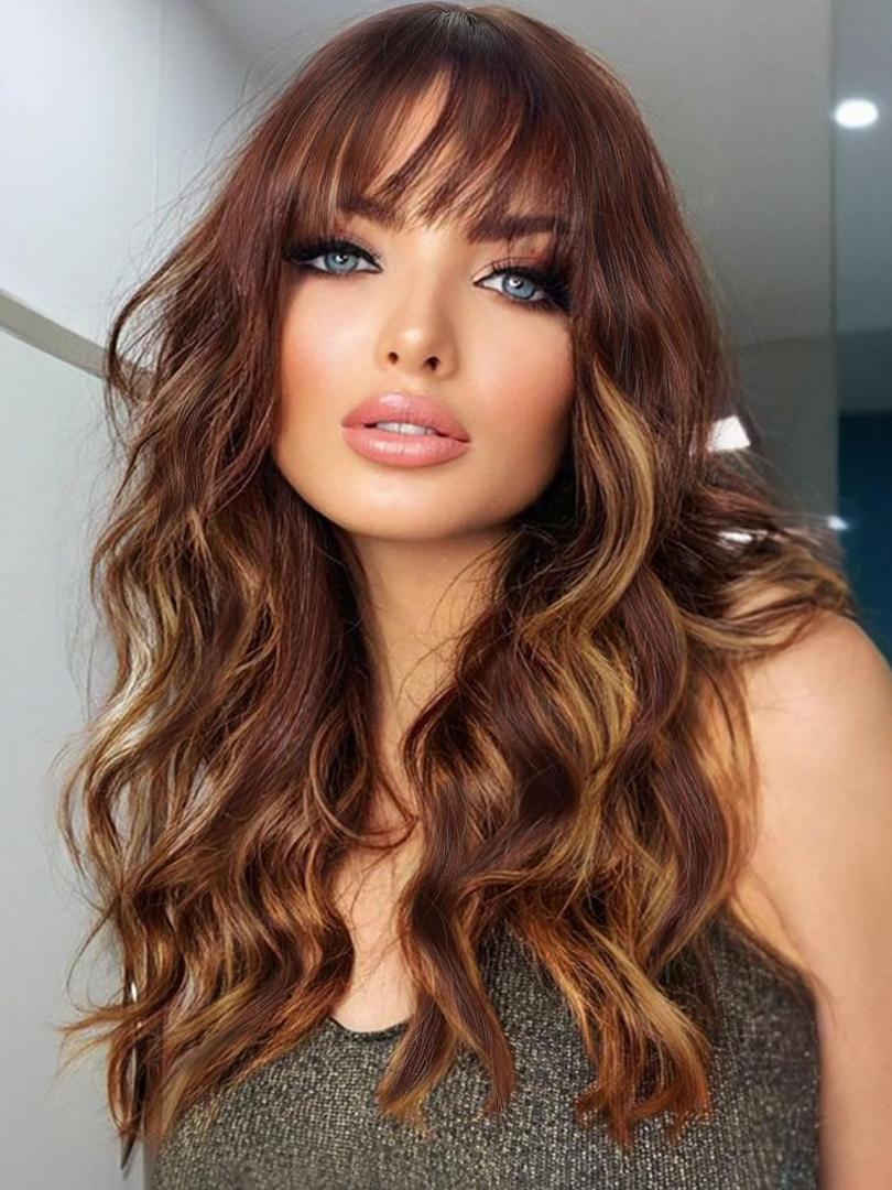 Fancy Hair Brown Highlight Wavy Wig With Bangs Medium Length 18 Inch Synthetic Brown Mixed Blonde Natural Looking Wig For Women Daily Party Use