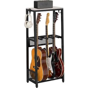 EmberGlow Multi Guitar Stand with Top Wood Display Shelf, 24.5lbs Heavy Duty Guitar Rack Floor Holder (1.2mm Thick Tubes), Patented Anti-Collision Mesh, Premium Instrument Accessories for Home Music Studio, GRAY
