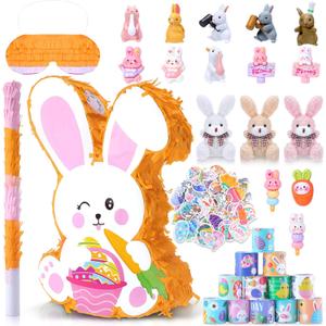 Hollowfly 139 Pcs Large Easter Bunny Pinata Set for Birthday Party Pinata Egg Easter Decoration Party Fiesta Games Supplies Props with Blindfold Toy and Baton Animal Favors Gifts