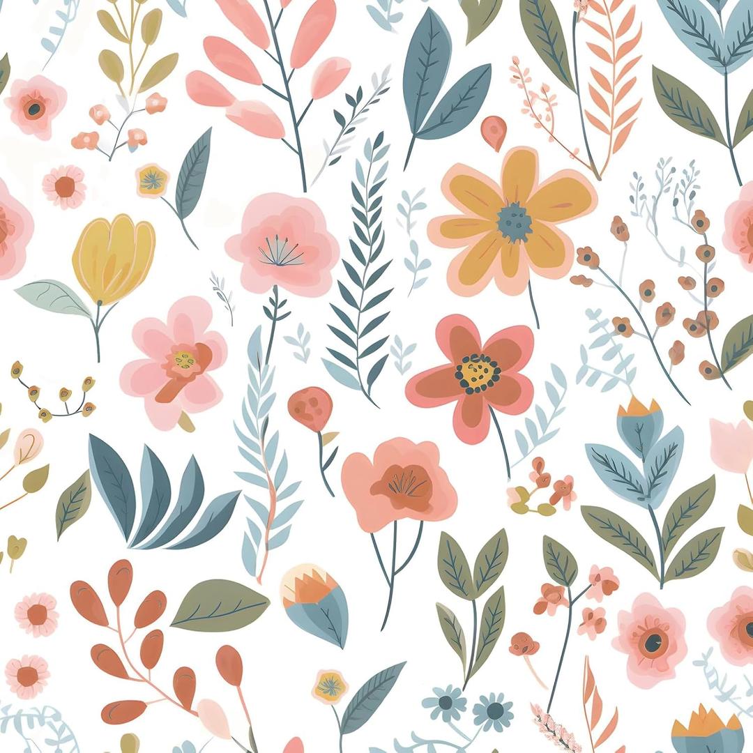 Colorful Floral Peel and Stick Wallpaper Leaf Vintage Contact Paper Cute White Floral Wall Paper Removable Wallpaper Self Adhesive for Cabinet Drawers Wall Decor 17.5''x393'' (Pink)
