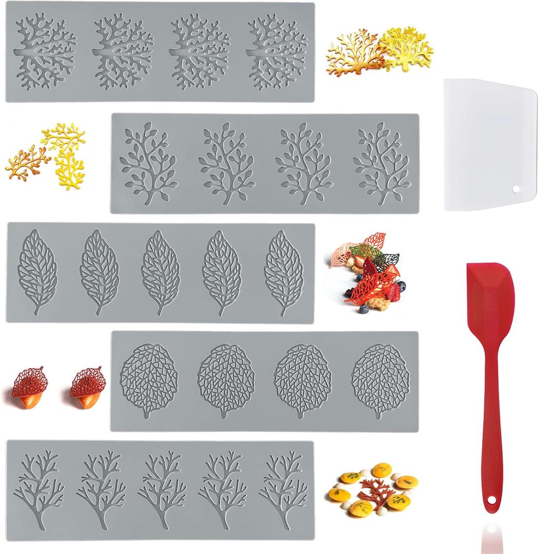 Set of 7 Leaf Silicone Fondant Molds with Dough Scraper Silicone Spatula, 3D Coral Branch Leaf Chocolate Molds, DIY Baking, Sugar Craft, Wax, Gum Paste, Cupcakes, Clay (Gray)