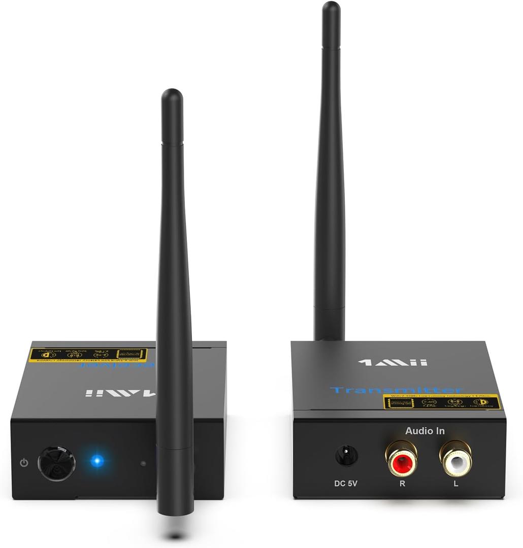1Mii 2.4Ghz Wireless Audio Transmitter Receiver for TV, 320ft Long Range 20ms Low Delay 192kHz/24bit HiFi Audio, Wireless Adapter Kit for Subwoofer/Powered Speaker/Stereo/Soundbar, RCA(3.5mm)Out/input (2 in 1)