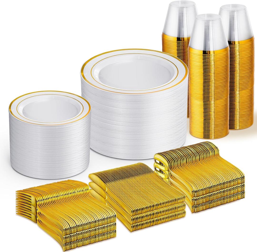 WELLIFE 600 PCS Gold & White Disposable Dinnerware Set for 100 Guests White Plastic Plates with Gold Rim, Dinner & Salad Plates, Cups, Forks, Knives & Spoons for Weddings & Elegant Events