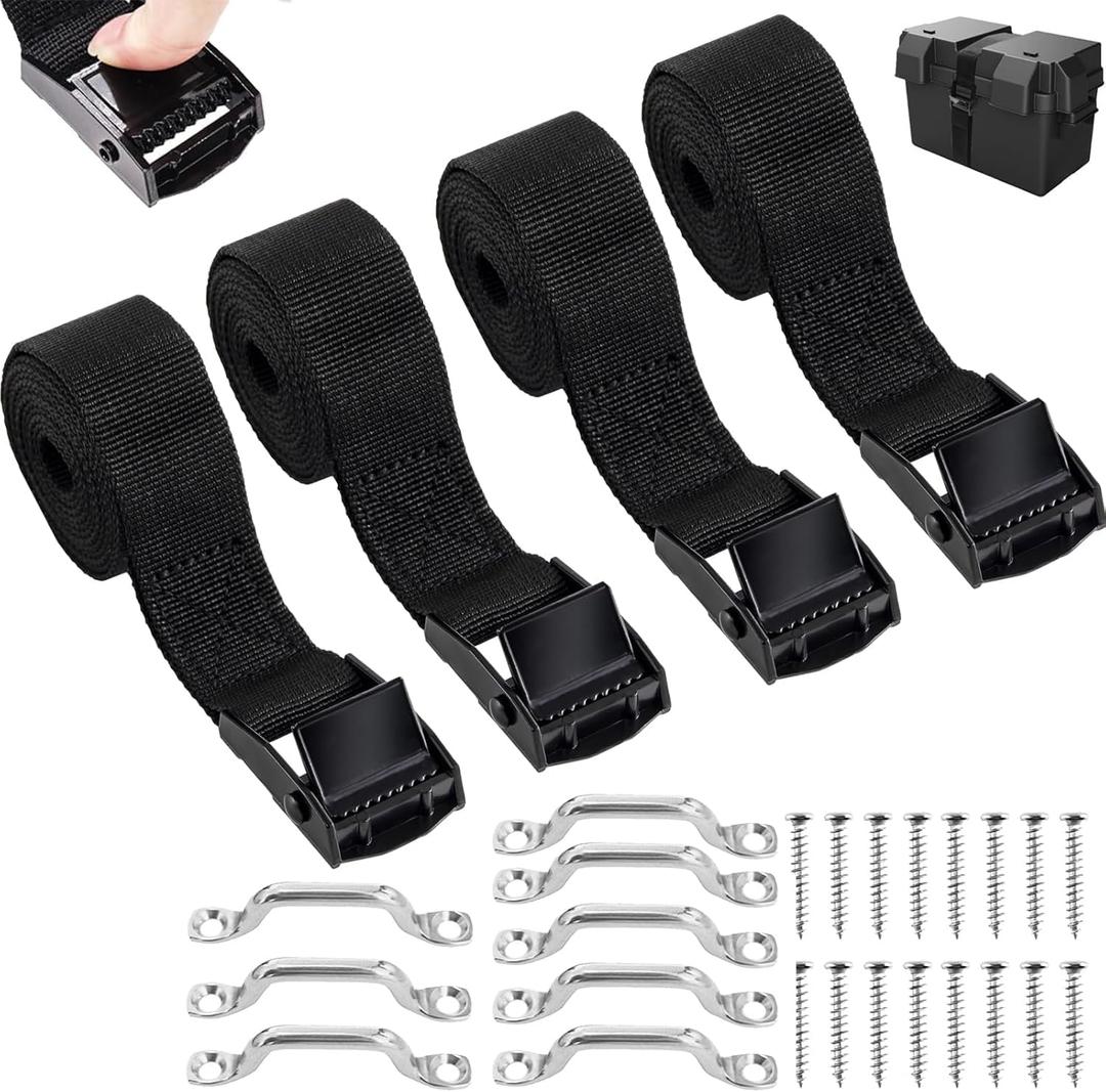 1" x 4ft Battery Tie Down Straps for Boats,Battery Hold Down with Cam Buckle,Stainless Steel Bracket and SS Screws Used for Cooler,Battery Box,Fuel Tank,Luggage Belt,RV (4 PCS)
