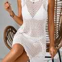 BreathSunny Womens Crochet Swimsuit Beach Cover Up 2026 Sleeveless Mesh Knit Bathing Suit Swim Coverups Mini Dress (White, M)